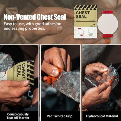 RHINO RESCUE Non-Vented Chest Seal, IFAK First Aid Supplies (6 Count) | Sterile Emergency Trauma Dressing, Occlusive Adhesive Pad Medical for Wound Care, Gunshot, Sucking Chest, HSA/FSA Approved - size: No-Vent