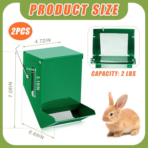 2 Pcs Rabbit Feeder for Cages Viewing Window Small Animal Food Dispenser with Lid Metal Guinea Pigs Feeders Indoor Outdoor