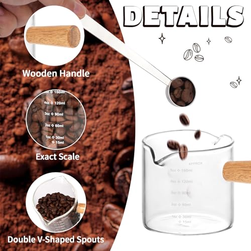 Espresso Shot Glass, 5OZ/150ML Dual Scale Measuring Cup with Wooden Handle, Heat Resistant Espresso Cappuccino Shot Cups with Double V-Shaped Spouts for Coffee Milk Tea Bar Serving