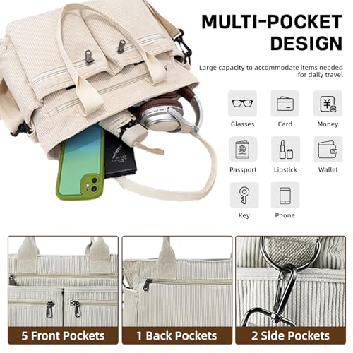 Corduroy Tote Bag for Women with Pockets,Large Crossbody Purse for Laptop,Work,College,Everyday,Travel - color: Khaki