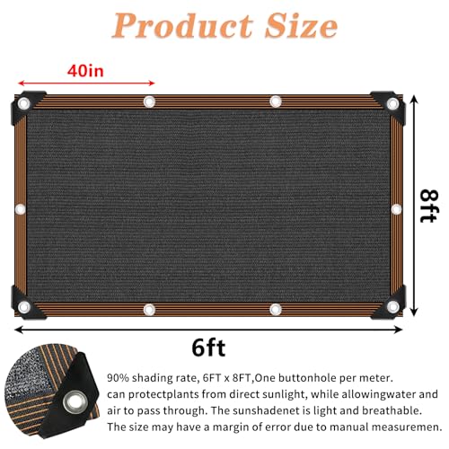 90% Black Shade Cloth for Patio, 6x8 FT Mesh Tarp Sun Shade Cloth with Grommets, Sun Protection Sail for Garden Greenhouse Pergola Plants Chicken Coop Patio Outdoor Neting Cover - size: 6x8FT