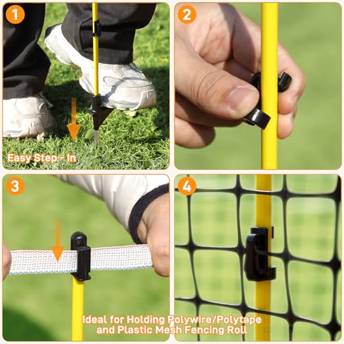 48In/4FT Fiberglass Step-in Electric Fence Posts | 5 Clips, Holds Wire, Poly Tape, and Poly Rope, Livestock Control | Lightweight, Anti-Rotation