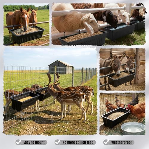 4 Pack 12 Quart Large Feed Trough Goat Horse Feeders Plastic Hanging Feeder with Clips and Nylon Cable Tie Water Trough Supplies Dog Horse Hog Pig Livestock Poultry for Large Animal Black