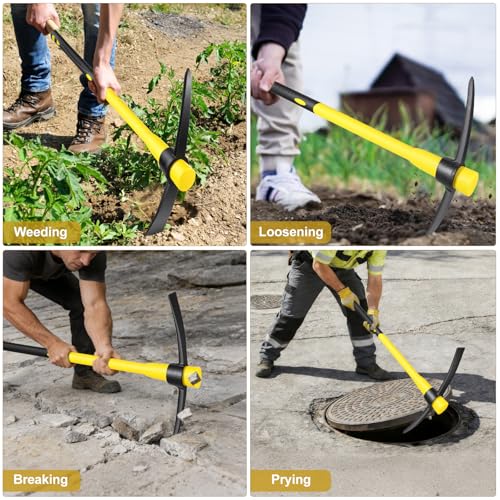 36 Inch Pick Mattock – Heavy Duty Rail Steel Garden Hoe with Fiberglass Handle, 2 in 1 Adze Hoe & Pick Axe for Digging, Landscaping, Yard Work, Outdoor