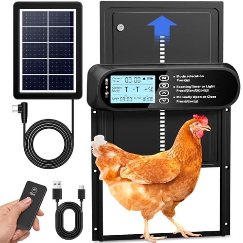 Automatic Chicken Coop Door Solar Powered, LCD Screen Electric Chicken Door | with Timer & Light Sensor, Aluminum Rechargeable Auto Chicken Door Opener with Remote Control & 4 Modes - color: Black