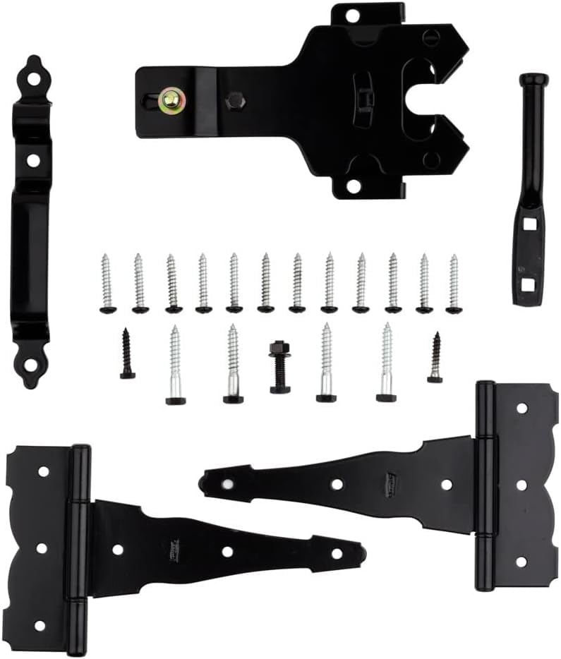 National Hardware N109-308 V8422 Deluxe Decorative T-Hinge Gate Kit Black Steel Finish Hinges with Latch Strike Pull for Wood Vinyl Metal Outdoor Fence Gates, 2 Count (Pack of 5) - size: Pack of 5
