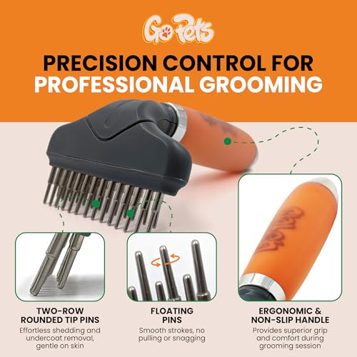GoPets Double Row Dematting Rake Undercoat Deshedding Tool for Dogs & Cats | Dog Brush for Shedding and Grooming, Long Hair Pet Grooming Brush for Mat Removal, Detangling, and Shedding Control - style: Double Row Dematting Comb