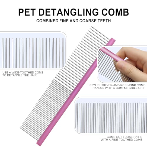 HOP Purple Large Pet Stainless Steel Comb for Dogs&Cats 7.44in/18.9cm | 2-in-1 Fine&Wide Tooth,Dematting Com for Dogs&Cats,Flea Comb,Pet Grooming Tool,Remove Loose Hair Knots Tangles Dirt
