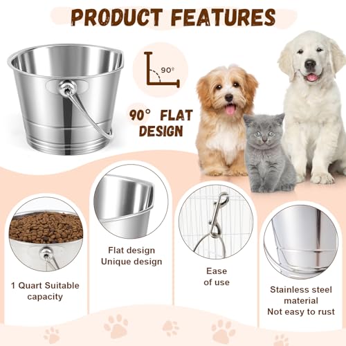 Mumufy 4 Set 1 Quart Stainless Steel Flat Side Bucket Durable Water Pails with Double Ended Snaps Small Metal Bucket Flat Back Water Pails for Dogs Cats Kennels Cages Fences Pet Container - size: 1 Quart