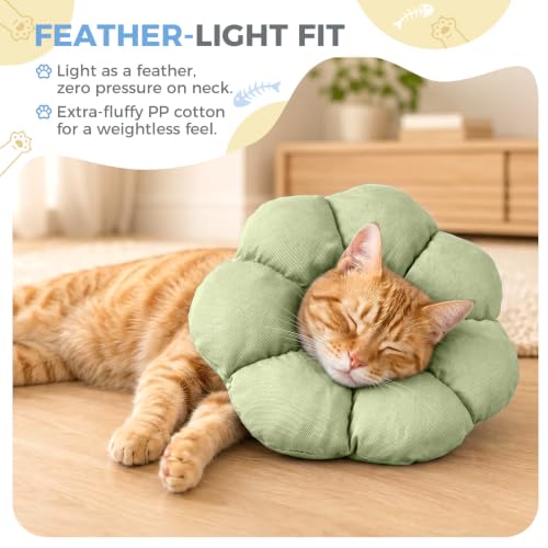 Avont Soft Cat Cone M Sagegreen Post-Surgery Anti-Lick Adjustable | Sagegreen M, Neck 7.9-11.8", Anti-Lick, Breathable, Lightweight, Soft Cotton, Adjustable Drawstring - color: Sagegreen, size: M (7.8" – 11.8")