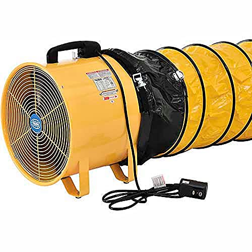 Global Industrial 12" Portable Ventilation Fan With 16'L Flexible Ducting | Confied Space Blower Fan, 2 Speed, 1640 CFM, 3/8 HP, 120V, High Visibility Yellow