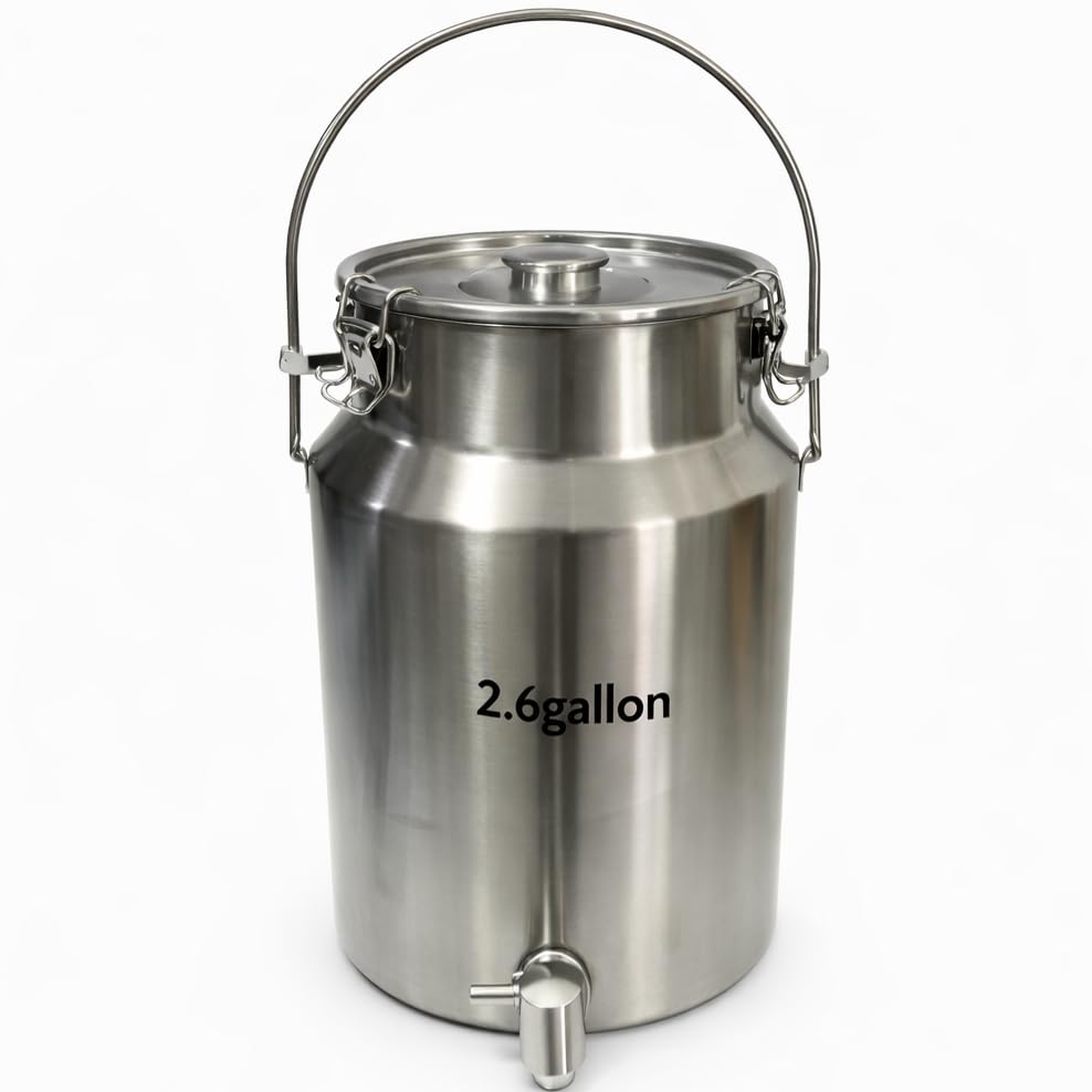 304 Stainless Steel Milk Can with Spigot, 2.6 Gallon Metal Water Dispenser, 10L Steel Water Tank & Stainless Steel Beverage Dispenser, Heavy Duty Drink Dispensers for Milk, Wine, Oil - size: 2.6 Gallon