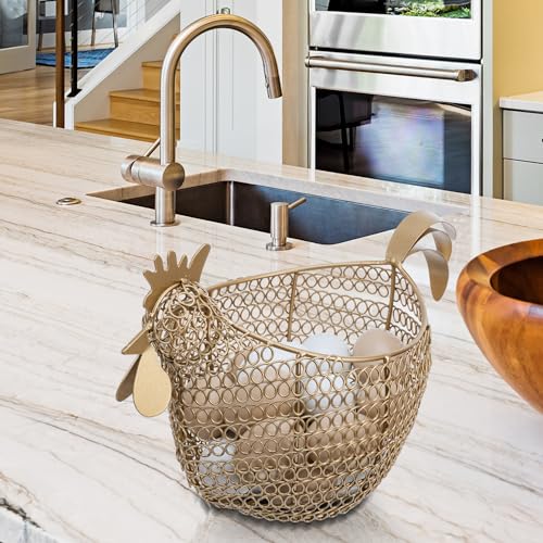 MyGift Vintage Brass Tone Metal Wire Fresh Egg Gathering Basket in Decorative Chicken Shaped Design, Farmhouse Easter Decor Egg Display Storage Basket for Counter - color: Gold