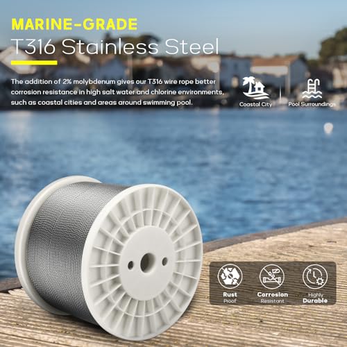 1000FT 1/8" T316 Stainless Steel Cable for Railing, 7x7 Wire Rope | Marine-Grade T316 SS, High Strength, Flexible for Deck Cable Railing System Kit, DIY Balustrades, Comes with a Cutter - size: 1000 ft