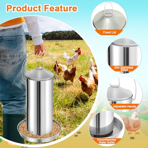 RYFT 8.8 lb Chicken Feeder, Stainless Gravity-Fed No Waste Poultry Feed, Weatherproof Construction with Handle for Chicken Coops, Duck Farms, and Goose Farms - size: 8.8lbs