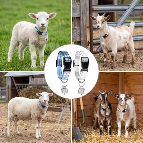 2 Pack Goat Collars with Bells, Sheep Grazing Copper Bells and Adjustable Nylon Collar Set Loud Bronze Bell Small Farm Animal Sheep Cow Accessories(Blue, White,Plaid Pattern) - style: Plaid