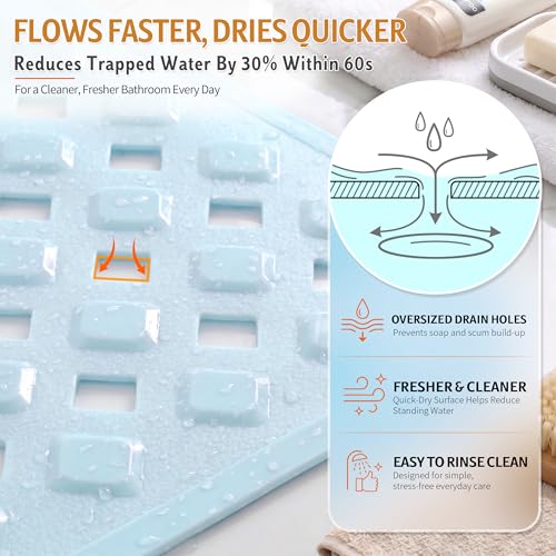 Yimobra Bathtub Mat Non Slip, Super Strong Suction Cups, 28"X16" Long Shower Mat with Drain Holes, Machine Washable Fast Draining Bath Mats, Bathroom Essentials, Light Blue - color: Light Blue, size: 27.5 X 15.5 Inch