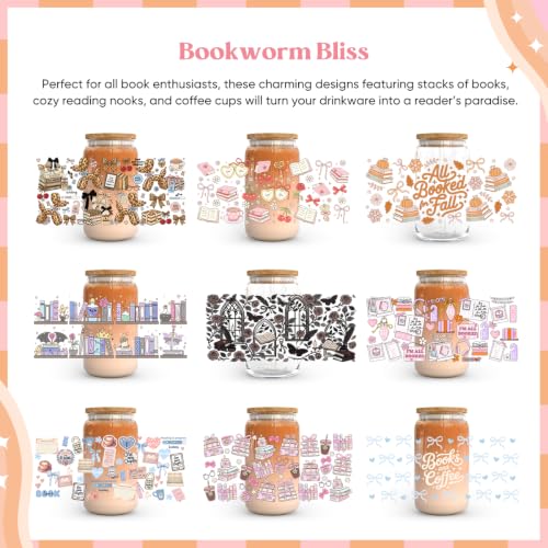Kaciola 10 Sheets UV DTF Cup Wraps for 16 oz- Bookworm Theme UV DTF Stickers, 1 Sheet Mysterious Pattern Transfer, Rub on Transfers Stickers for 16 oz Libbey Glasses Crafting - style: Bookworm