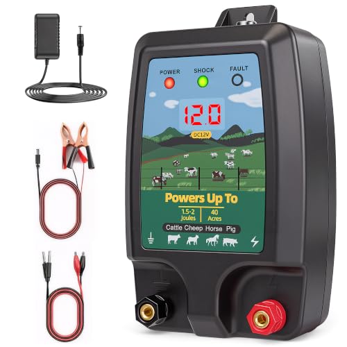 Electric Fence Charger 15 Miles, 12KV Pulse Charger AC/DC Solar Compatible, Heavy Duty Livestock 2J Fence Charger for Cattle, Horses, Poultry, Garden Deer & Wildlife Control, LED Display with Alarm