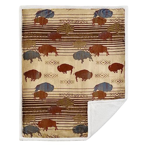 Indigo Hill by HiEnd Accents Home on the Range 54x68 Throw Blanket | Buffalo Bison Print with Aztec Pattern, Western-Style Sherpa Fleece Blanket for the Couch, Sofa, Bed, or Camping - color: Buffalo Bison