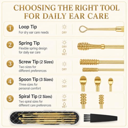 Hion 6 Pcs Extended Ear Wax Removal Kit,Professional Double-Headed Ear Pick Earwax Removal Tools,316L Stainless Steel Ear Cleaner Curette with Cleaning Brush and Storage Box,Suit for Kid Adult(Gold) - color: Gold