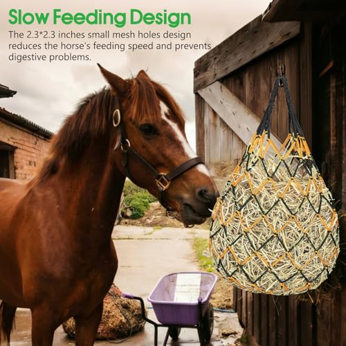 Slow Feed Hay Nets 3 Pack 40-Inch Durable Mesh Hay Bags Feeder for Horses | Heavy Duty Mesh Hanging Feeders with Carabiners & Gloves for Goat Livestock Barn Trailer Pasture Feeding Supplies Accessory - size: 3 Pack