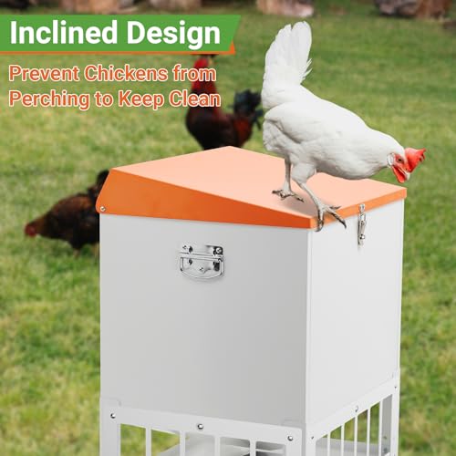 Chicken Feeder with Grille, 85LBS No Waste Chicken Feeder with 22 Ports, Powder-Coated Steel Feeder w/Waterproof Lid and Stainless Handles, 18”L x 15.1”W x 29.5”H