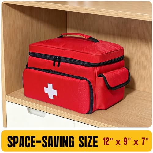 Small First Aid Bag Empty Medical Bag Red Pill Bottle Organizer Case, Portable Emergency Bag Travel Medicine Kit Storage 12" x 9" x 7" First Aid Box for Car, Home, Office, Dorm, Camping (Red)
