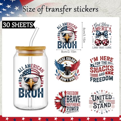 Rngmsi UV DTF Cup Wrap - 30 Pcs 4th of July American UV DTF Stickers for 16 OZ, Flag Eagle Waterproof UVDTF Transfer Decals for Cups Glasses Mug DIY Crafts - style: American