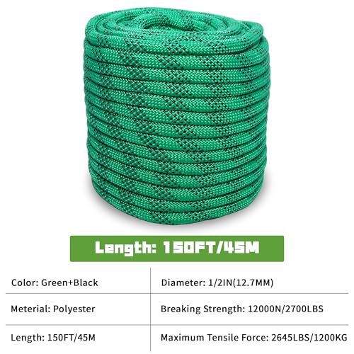1/2 Inch 150ft Double Braided Polyester Arborist Rope, Heavy Duty Nylon Rope for Anchor, Tree Work, Cargo, Pulling, Sailing (Green) - size: 1/2in x 150ft, style: Green