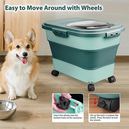 Viretec Dog Food Storage Container, 10-20Lbs Collapsible Pet Food Storage Containers with Rolling Wheel Airtight Locking Lid, Dry Food Storage Bin with Cup and Scoop,Suitable for Pet Food, Flour, Rice - color: Green