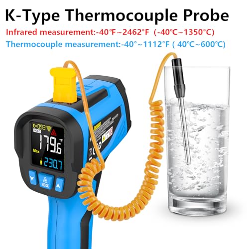 Infrared Thermometer Temperature Gun, Non-Contact High Temp Thermometer with Probe, 30:1 Laser Pyrometer with Color LCD for Cooking, Engine, Kiln, Forging, HVAC & Industrial, -40℉ to 2462℉ - color: Blue, size: IR07A -40℉~2462°F（-40℃~1350°C）