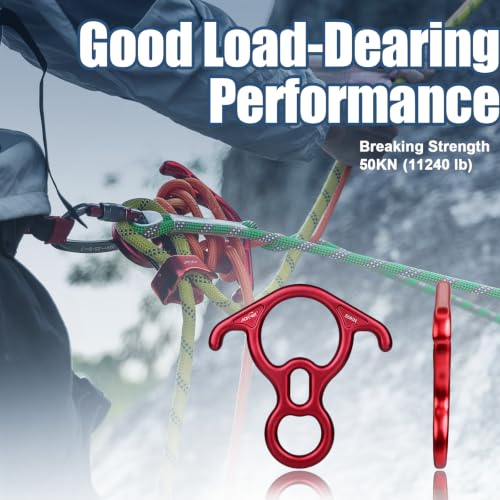 50KN Rescue Figure, 8 Descender Large Bent-Ear Belaying and Rappelling Gear Belay Device Climbing for Rock Climbing Peak Rescue 7075 Aluminum Alloy - color: Red - 2 Pcs