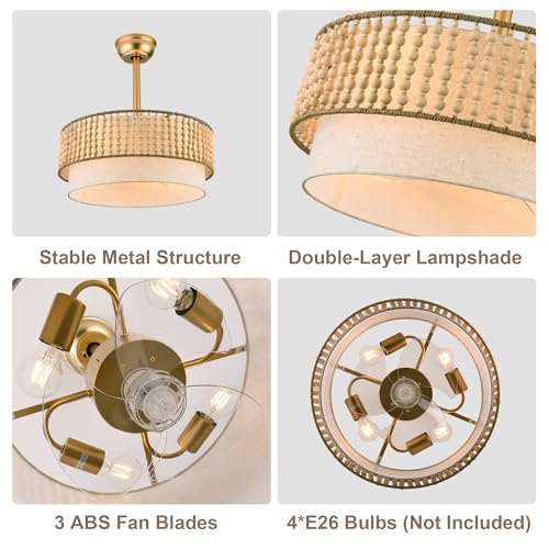 20" Gold Fandelier Ceiling Fan with Lights Boho Caged Ceiling Fan | Small Enclosed Fabric Chandelier for Bedroom Nursery Living Room, Reversible DC Motor 6 Speeds, 4 E26 Bulbs (Not Included) - color: Double Layer