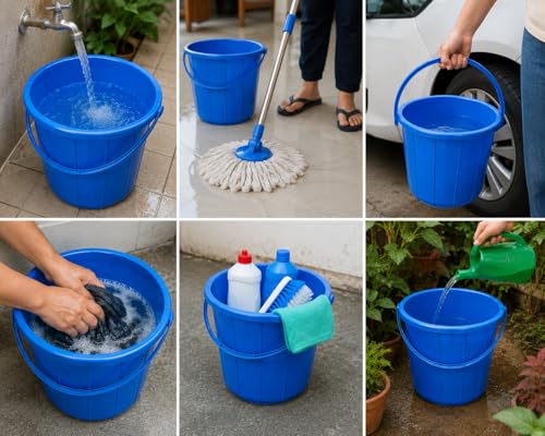 16 Liter Plastic Buckets with Handle (4 Pack) – 12 Inch Multi-Purpose Utility Buckets for Cleaning, Laundry, Gardening, Storage & Household Use – Red, Green, Orange & Blue