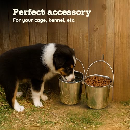 Flat Side Stainless Steel Bucket 4 Quart Hanging Feeding Pail for XL Dogs Cats Goats Sheep, Fits Kennel Cage Compatible, Heavy Duty Food and Water Feeder, 1 Gallon Silver Buckets 2 Pack - size: 4 Quart (Pack of 2)