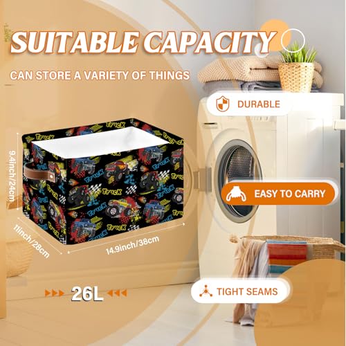 Rectangle Truck Storage Basket, 14.9"11"9.4" Collapsible Box Bin with Handles - color: Monster Truck-black