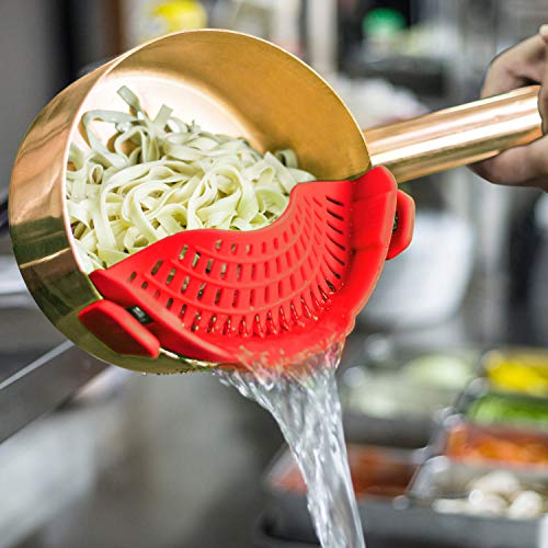 AUOON Clip On Strainer for Pots, Standard 8.86 x 3.55 in, Red | Food-grade Silicone, Fits Pots Pans Bowls, Dishwasher Safe, for Pasta Noodles Vegetable Fruits, Space-saving Kitchen Gadget - color: Red, size: Standard 8.86 x 3.55 in