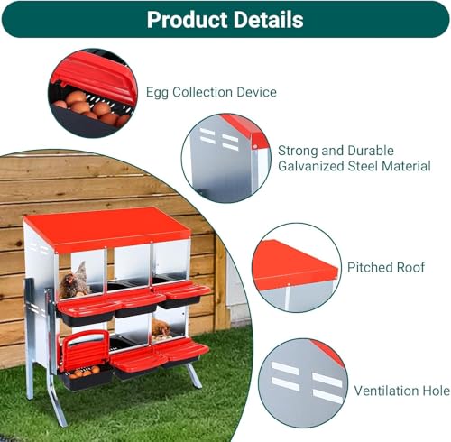 6-Compartment Chicken Nesting Boxes, Metal Hen Laying Boxes with Roll-Away Egg Tray, Lockable Lid, Easy-Clean Design for Coop and Farm - color: Red, size: 37.0"L x 16.5"W x 8.7"H