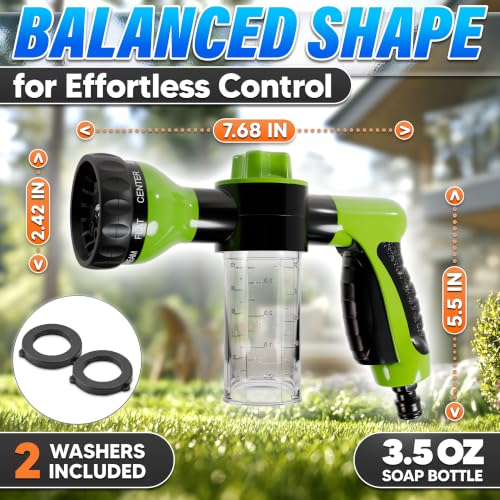 Car Wash Sprayer & Nozzle with Soap Dispenser, 3.5 oz Foam Tank (Green) | Hose Attachment for Car, Truck, and Dog Washing, Foam Control Dial, 8 Spray Patterns, Fits 3/4 In Hose, ABS Body, 2 O-Rings - color: Black, Green