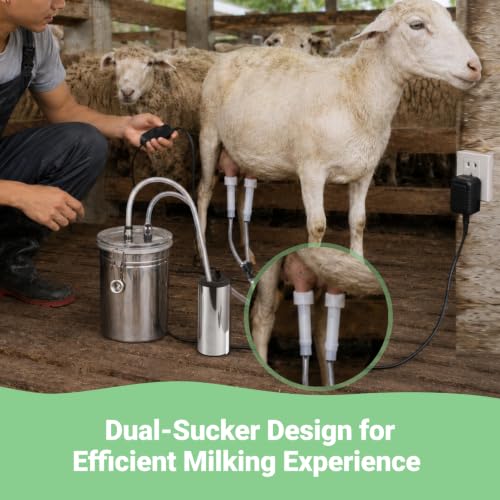 Electric Goat Milking Machine, 67 oz Stainless Steel Goat and Cows Milking Machine,Milking Bucket with Electric Vacuum Pump, Dual Teat Cups, Plug Switch and Hoses for Goats Sheep Cows