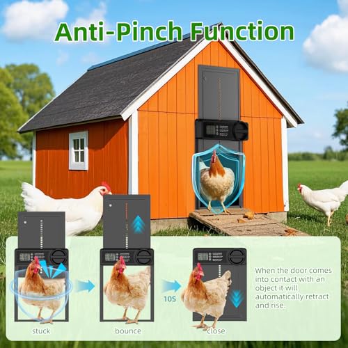 Automatic Chicken Coop Door, Battery Powered with Smart Timer & Anti-Pinch | Aluminum Alloy Door, LCD Display, Low Battery Reminder, Waterproof, Electric Auto Open/Close for Hens, Ducks, Geese Poultry