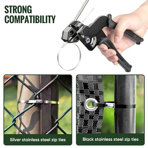 Stainless Steel Zip Tie Gun Kit with Industrial Scissors - Heavy Duty Metal Zip Ties Tensioner & Cutter Tool for Electrical, Used to Repair Outdoor Fences, Pipes, Chain Links, Garden Farm