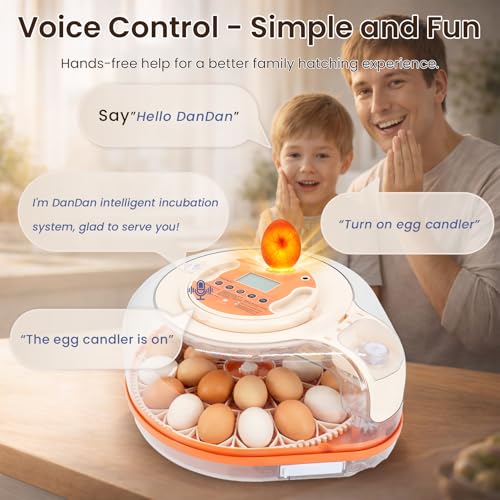 Smart Egg Incubator with Voice Control, 26 Chicken Eggs | Hatches 26 chicken or 59 bird eggs; automatic egg turner with thermometer seat, humidity control and water reservoir.