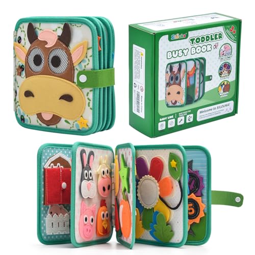 Montessori Busy Book for Toddlers 1-3, Felt Quiet Book & Busy Board for Preschool Learning, Fine Motor Skills & Sensory Play, Educational Travel Toy and Gift for Kids – Farm Animals Theme, Green - style: Farm-10 Pages