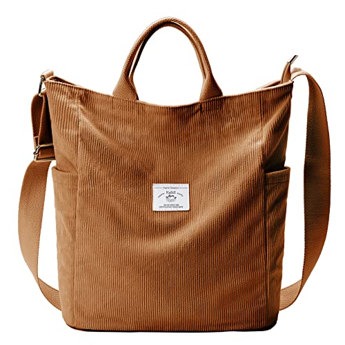 KALIDI Corduroy Tote Bag, Large Slouchy Hobo Messenger Crossbody Bag | Anti Splash Zipper Side Pockets Shoulder Bag Adjustable Strap Lightweight Casual Work Shopping Women - color: Kakhi