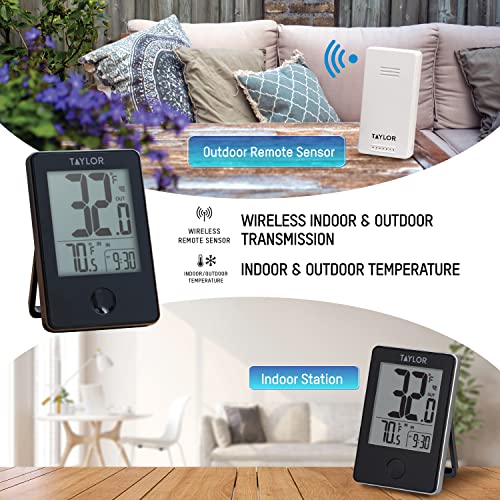 Taylor Wireless Digital Indoor Outdoor Thermometer, Easy to Read Numbers for Patio, Pool, and Indoor Areas, LCD, Black - color: Black