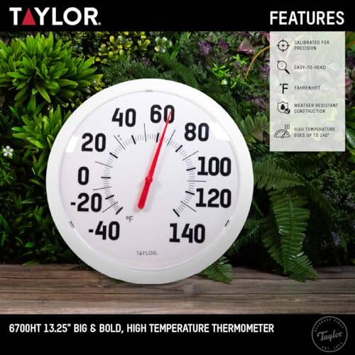 Taylor Big & Bold Outdoor Wall Thermometer, 13.25-Inch Weather-Resistant Patio Thermometer for High Temperature Readings, Easy-to-Read Numbers for Garden, Porch, Deck, Backyard, or Indoor Use, White - color: White, size: 13.25 inches (Pack of 1)