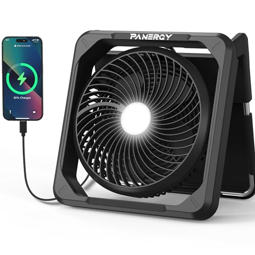 PANERGY Portable Fan with LED Light, 10000mAH battery powered for Camping Outdoor Car RV Window, Black