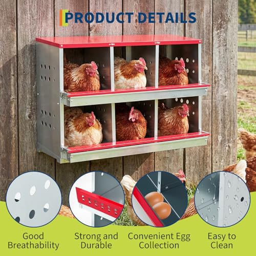 37.8" Metal Chicken Nesting Box, 6-Compartment 2-Tier Poultry Nest Box with Perch and Ventilation Holes, Red Roof Hen Laying Box for Up to 6 Chickens - color: Red A, size: 37.8"L x 18.9"W x 28.0"H